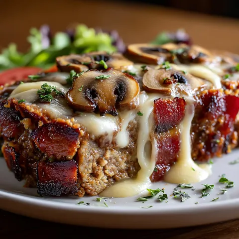 A plate of food with mushrooms and bacon.