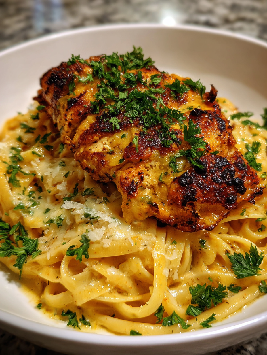 A plate of pasta with chicken on top.