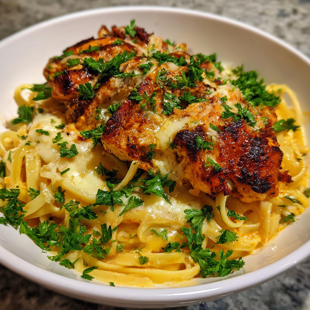 A bowl of pasta with chicken and herbs.