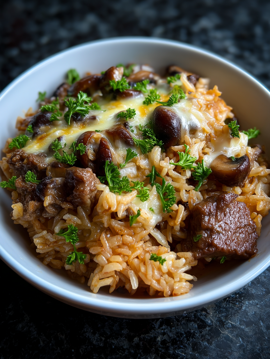 A bowl of rice with meat and mushrooms.