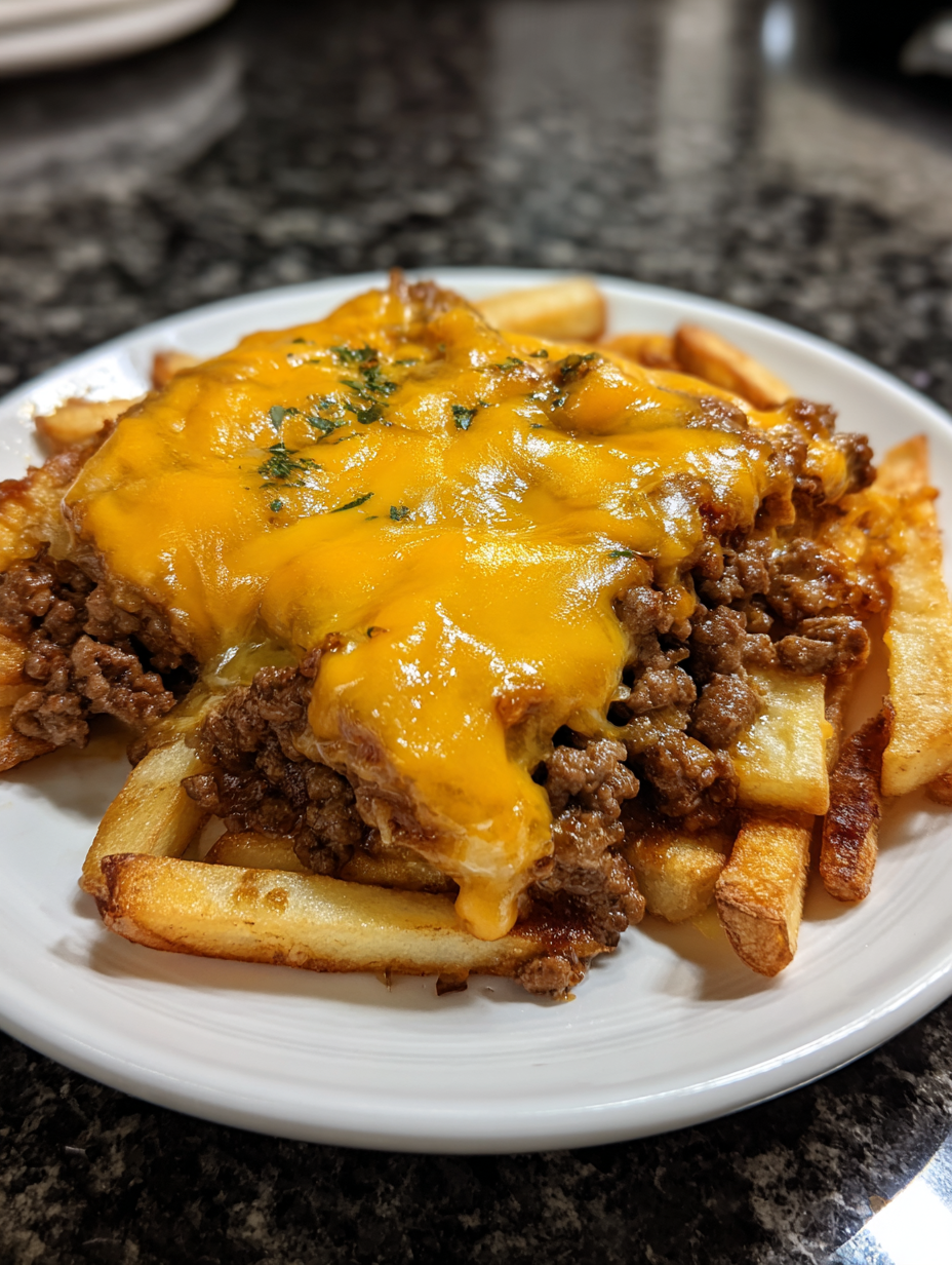 A plate of food with cheese and meat on top.