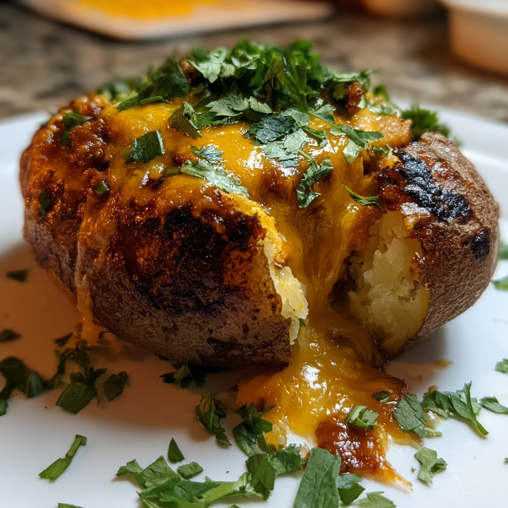 A baked potato with cheese and herbs on top.