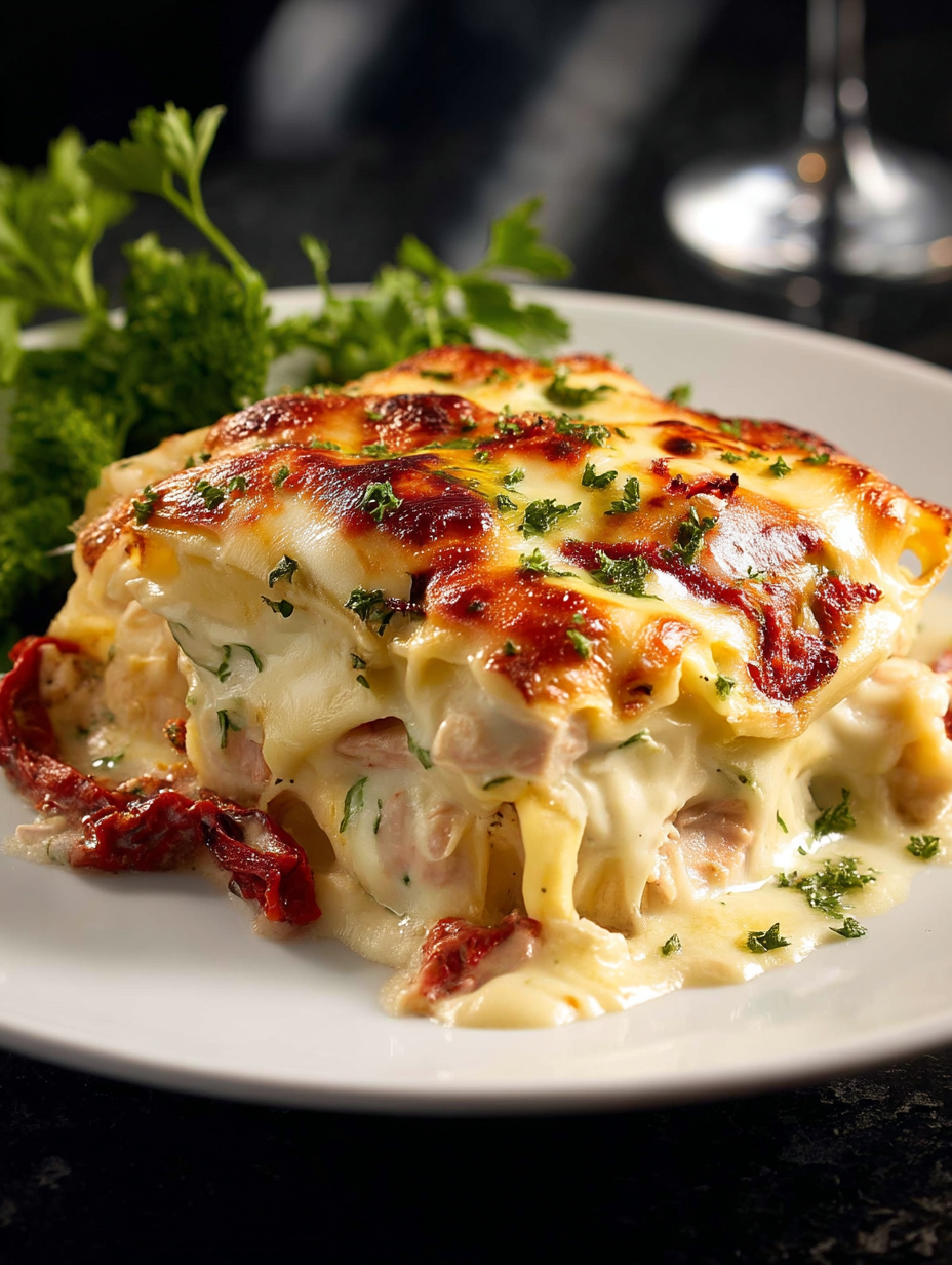 A white plate with a casserole on it.