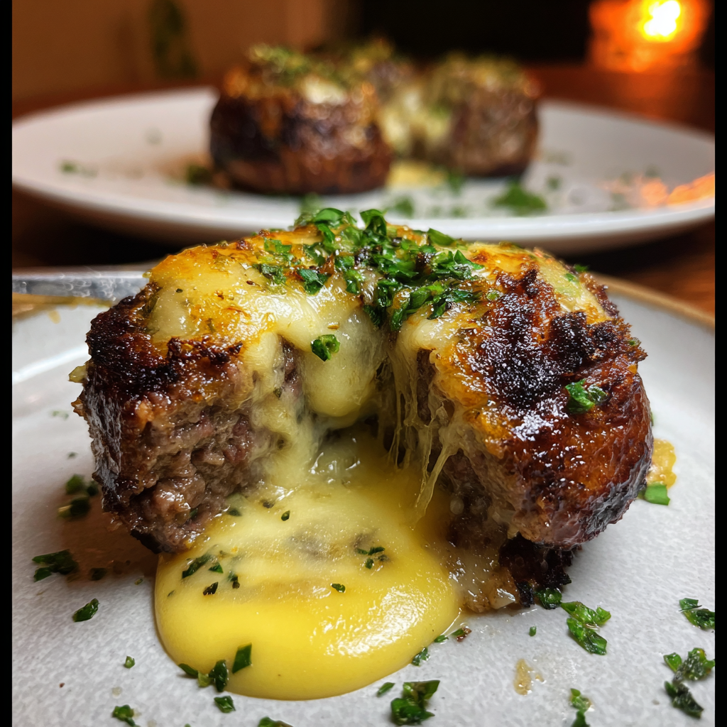 A plate with a meatball covered in cheese.
