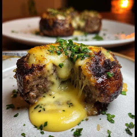 A plate with a meatball covered in cheese.