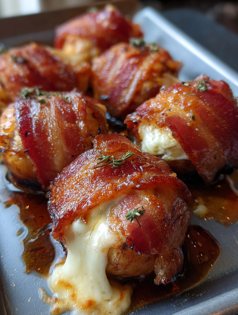 Bacon wrapped chicken with cheese.