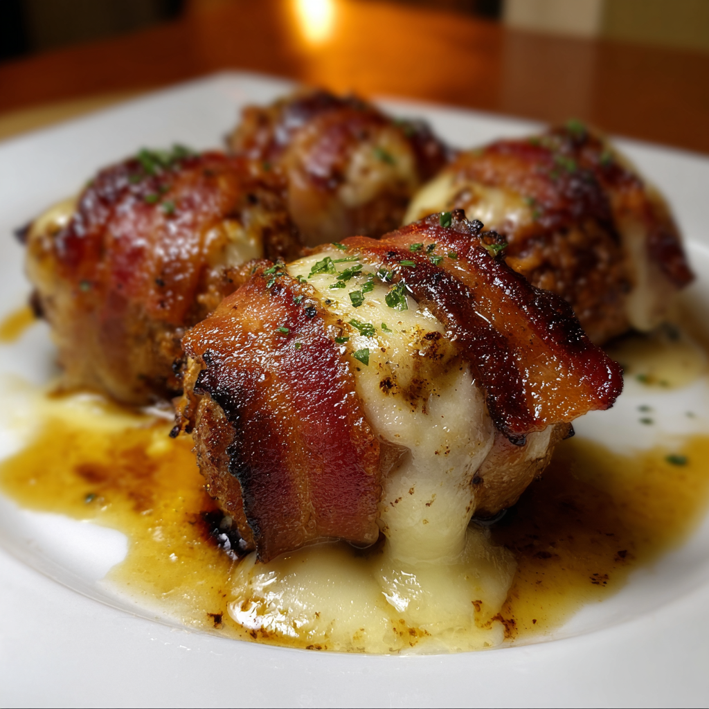 Bacon wrapped appetizers on a white plate.