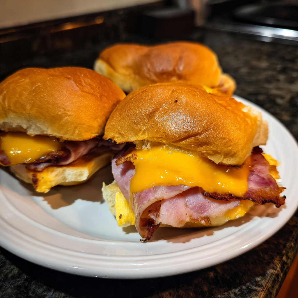 Two ham sandwiches on a plate.