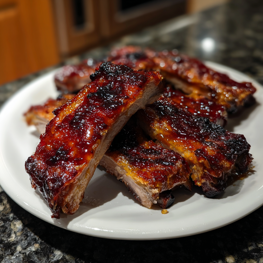 A plate of BBQ ribs.