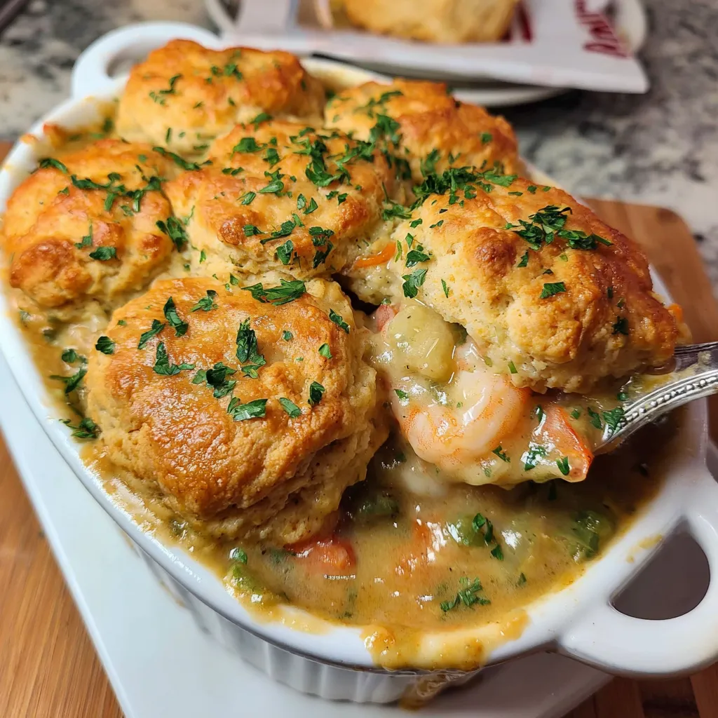 A bowl of food with shrimp and biscuits.