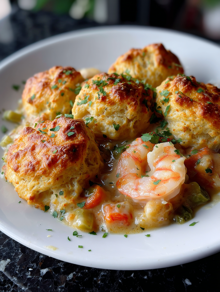A plate of food with shrimp and biscuits.