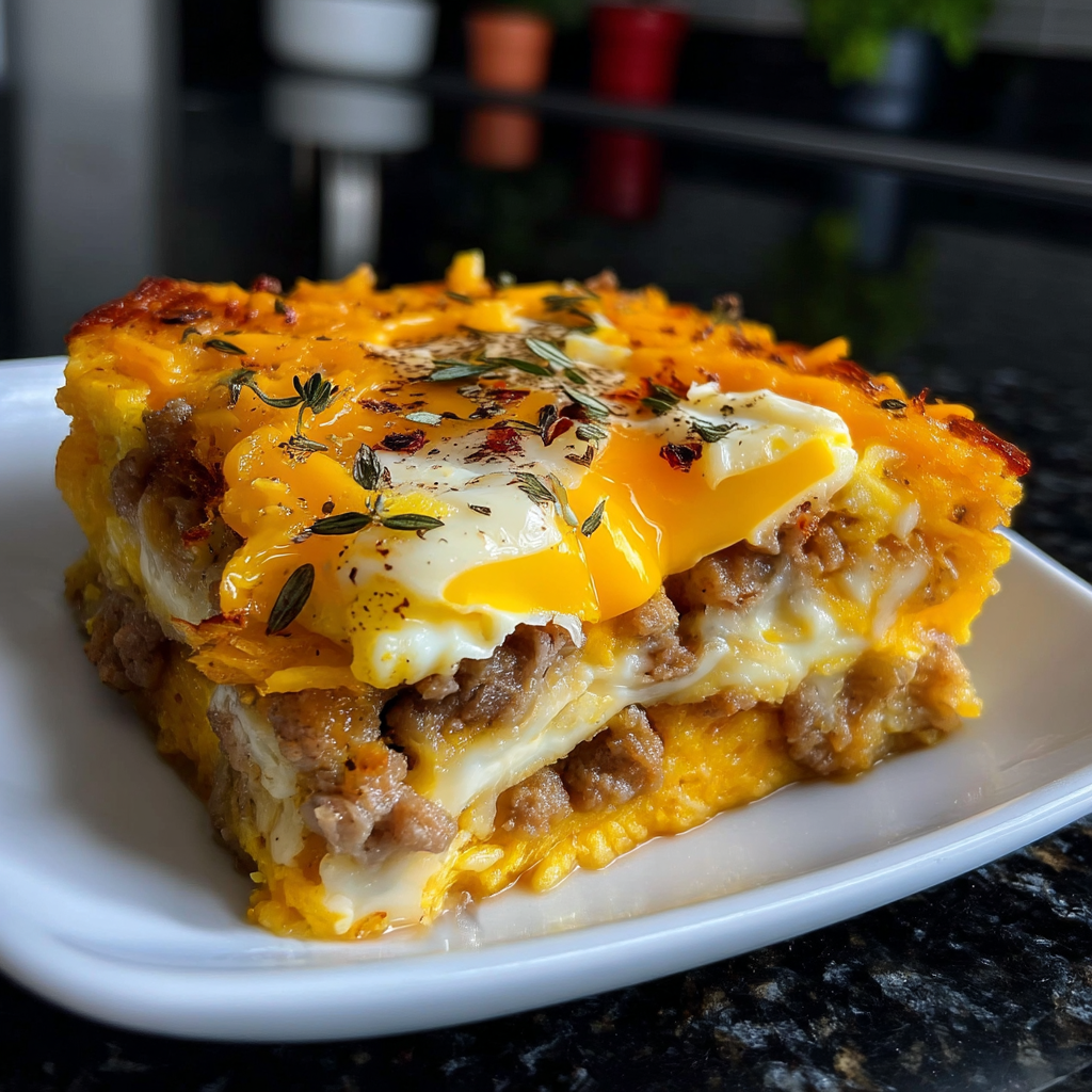 A white plate with a casserole on it.