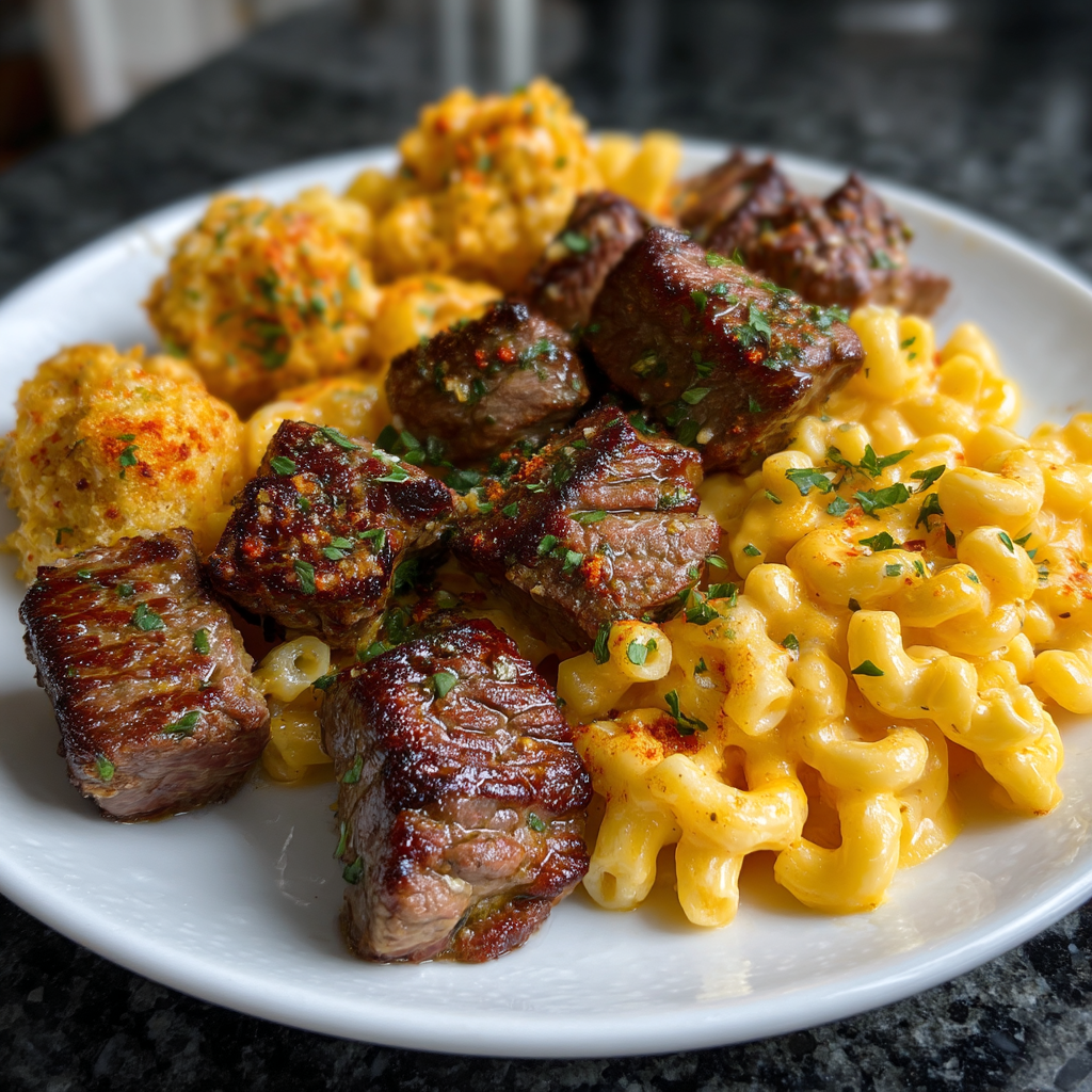 A plate of food with meat, macaroni and cheese, and a vegetable.