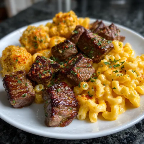 A plate of food with meat, macaroni and cheese, and a vegetable.