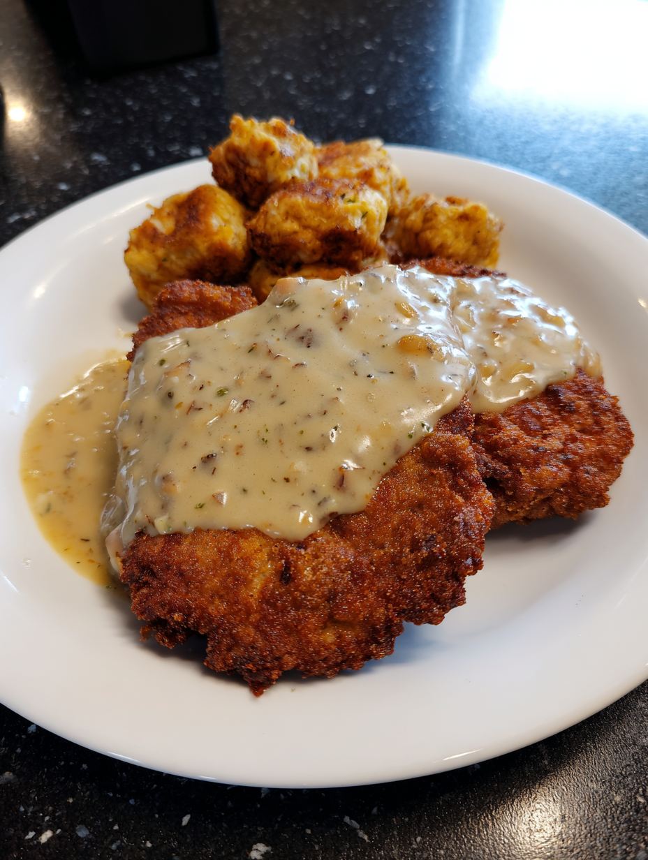 A plate of food with gravy on it.