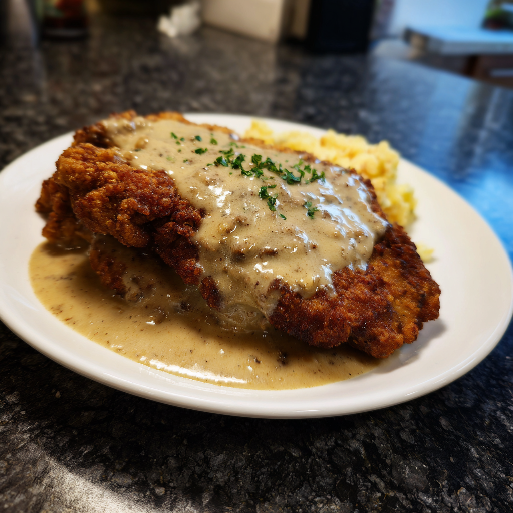 A plate of food with gravy on it.
