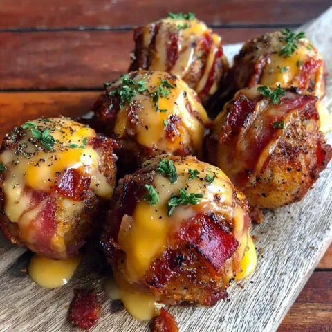 Bacon wrapped chicken bites with cheese and bacon.