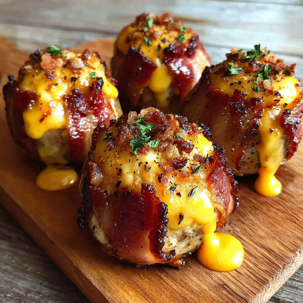 Three BBQ Turkey Bacon Cheddar Bombs on a wooden table.