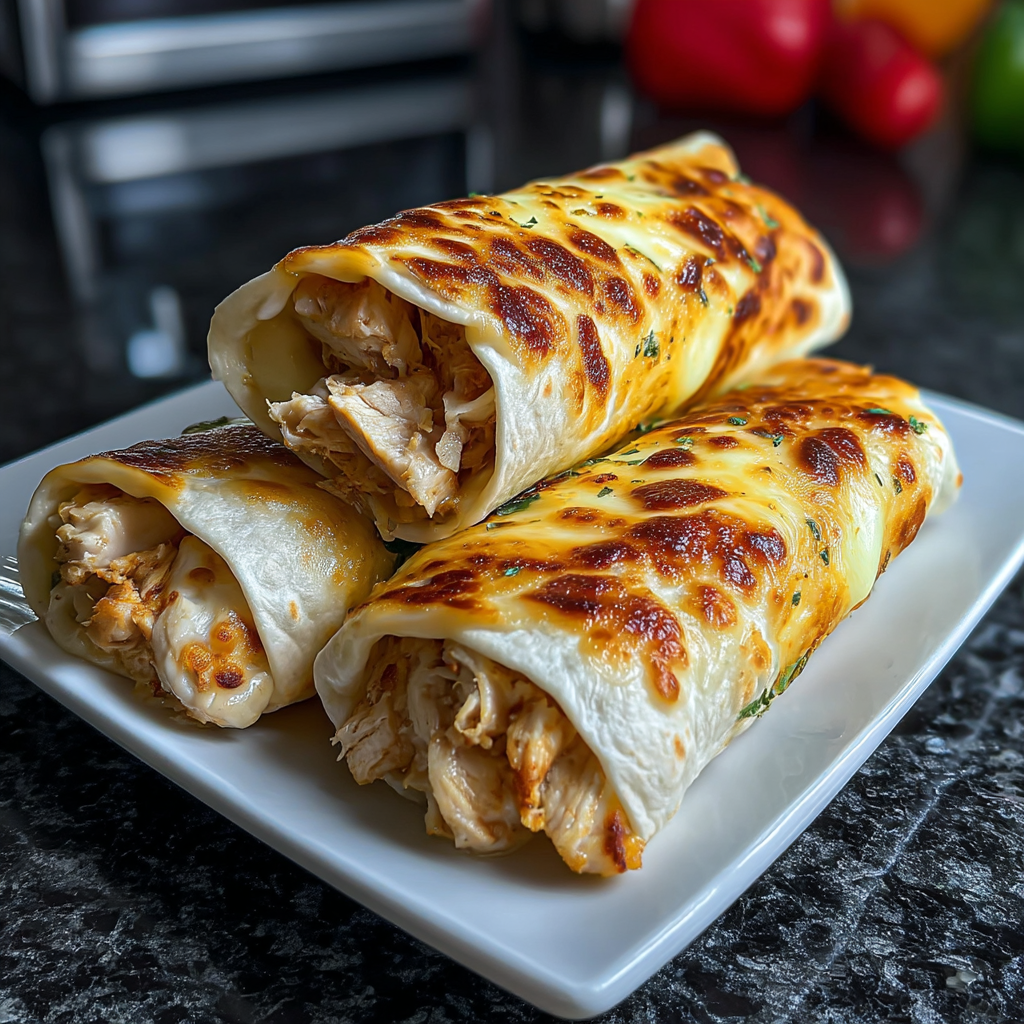 Two chicken wraps on a plate.