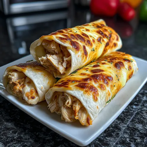 Two chicken wraps on a plate.
