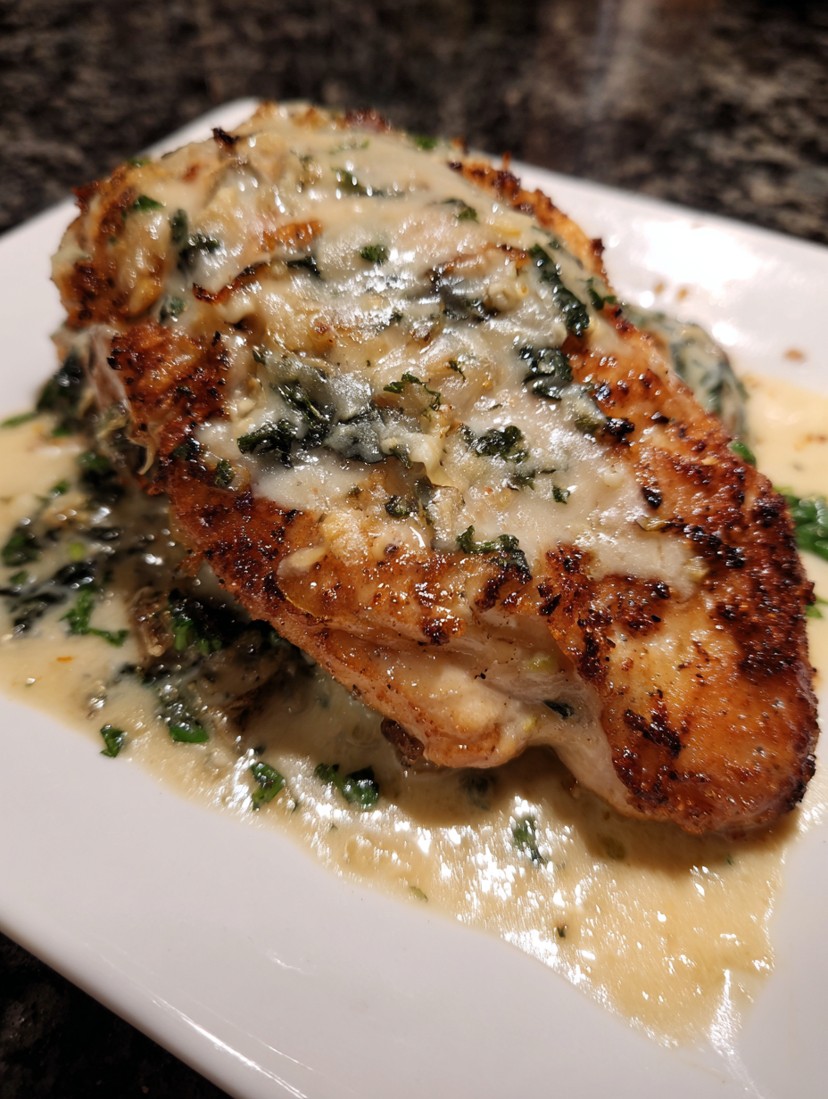A piece of chicken with sauce on a plate.