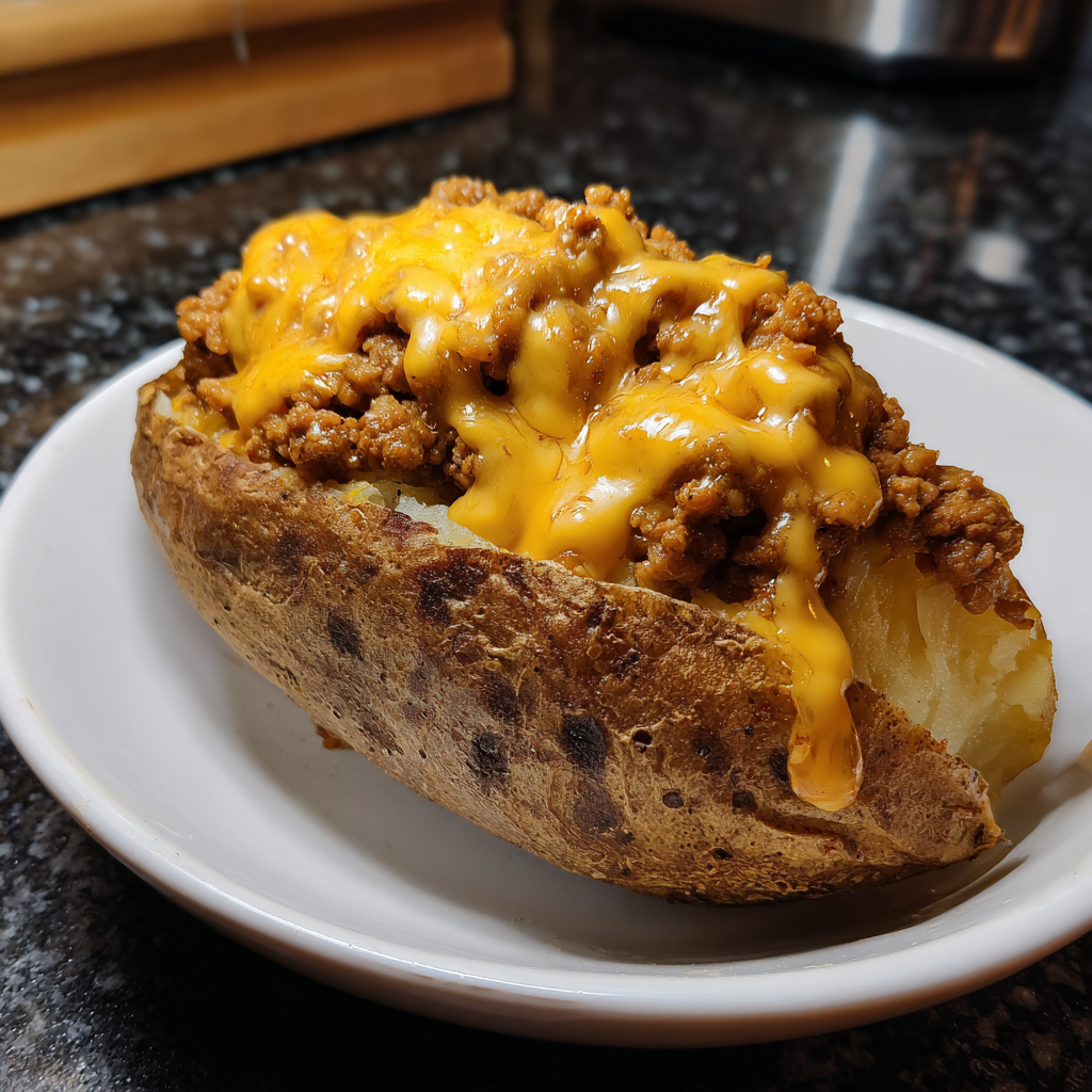 A potato with cheese and meat on top.