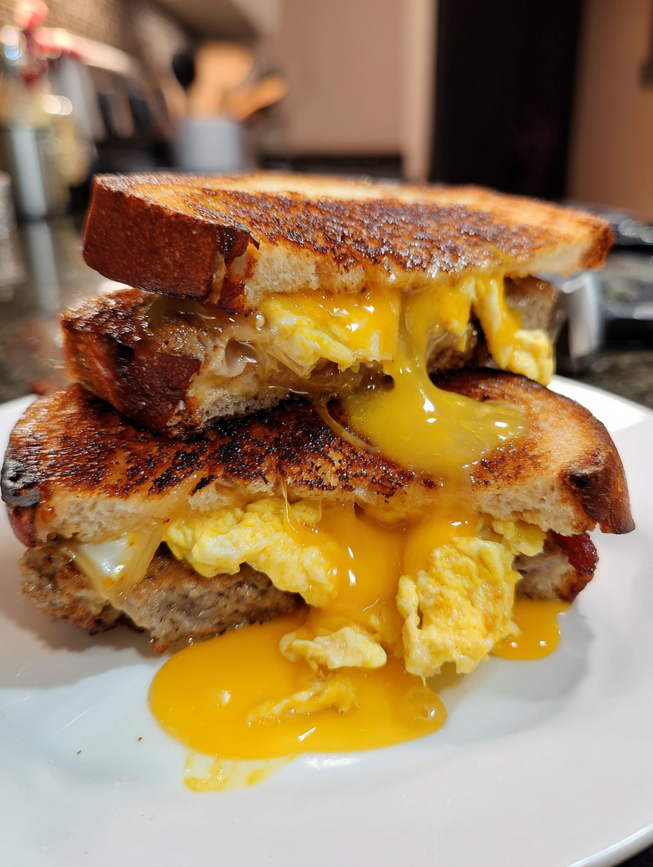 A sandwich with egg and cheese on top.