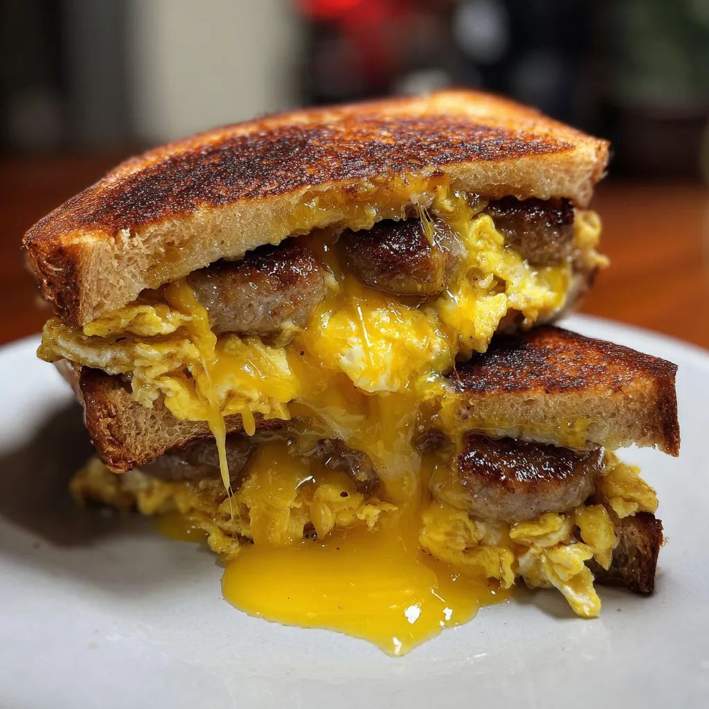 A sandwich with eggs and sausage on a plate.