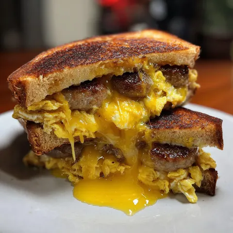 A sandwich with eggs and sausage on a plate.