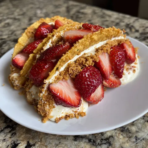 A plate of food with strawberries and cream.