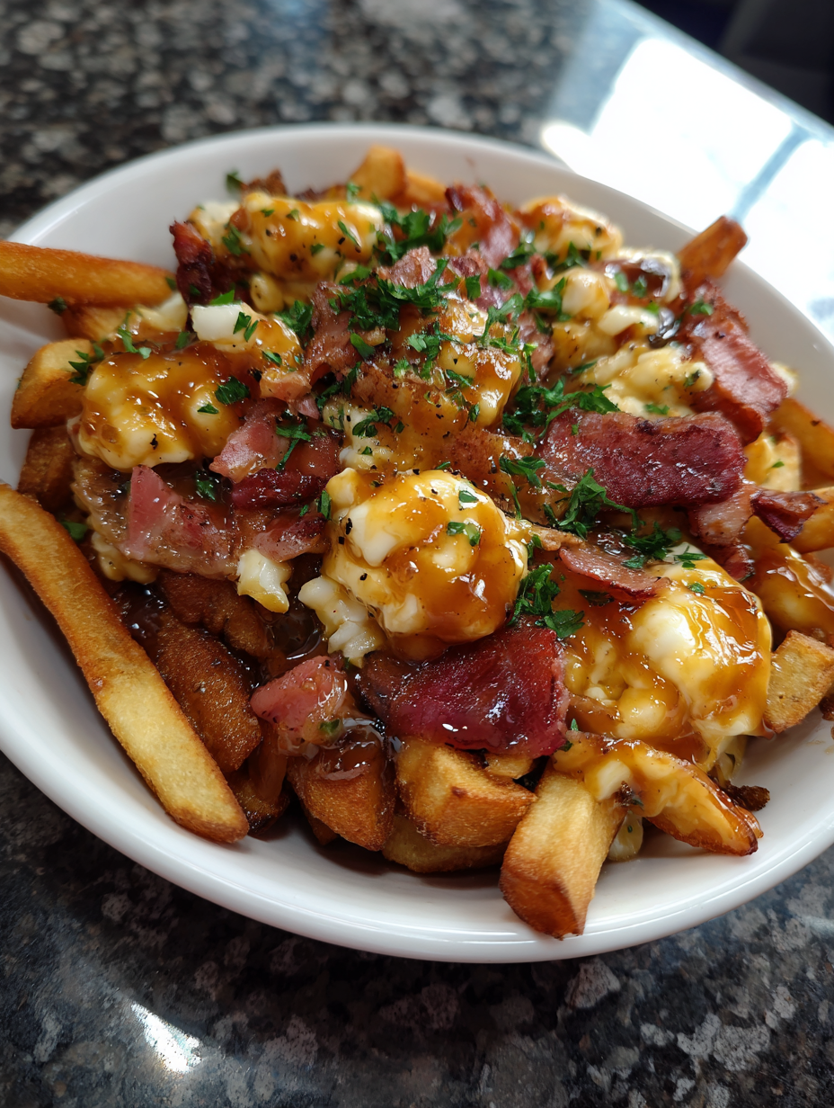 A plate of bacon and cheese covered fries.