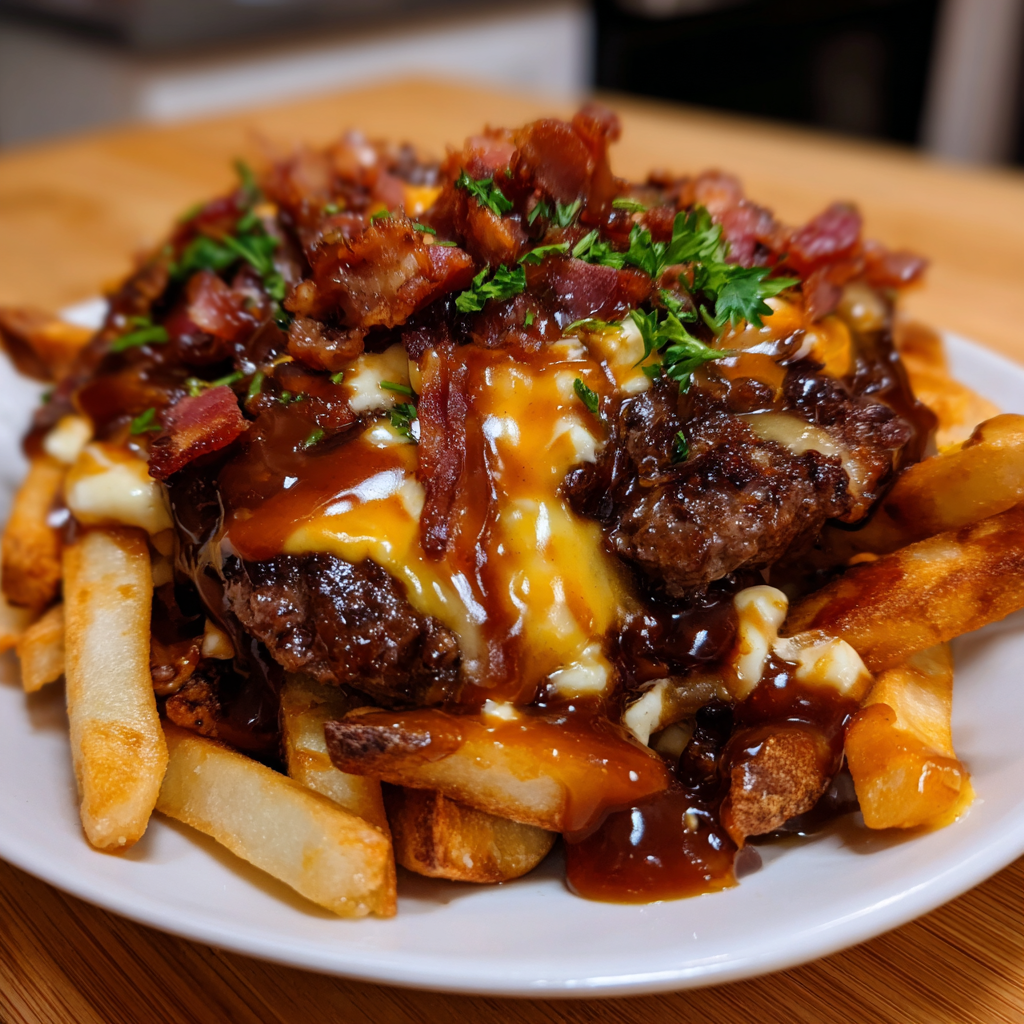 A plate of bacon and cheese covered fries.