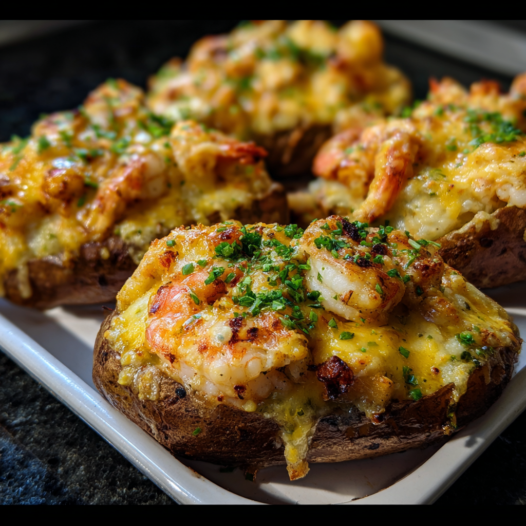 A plate of food with shrimp and cheese.