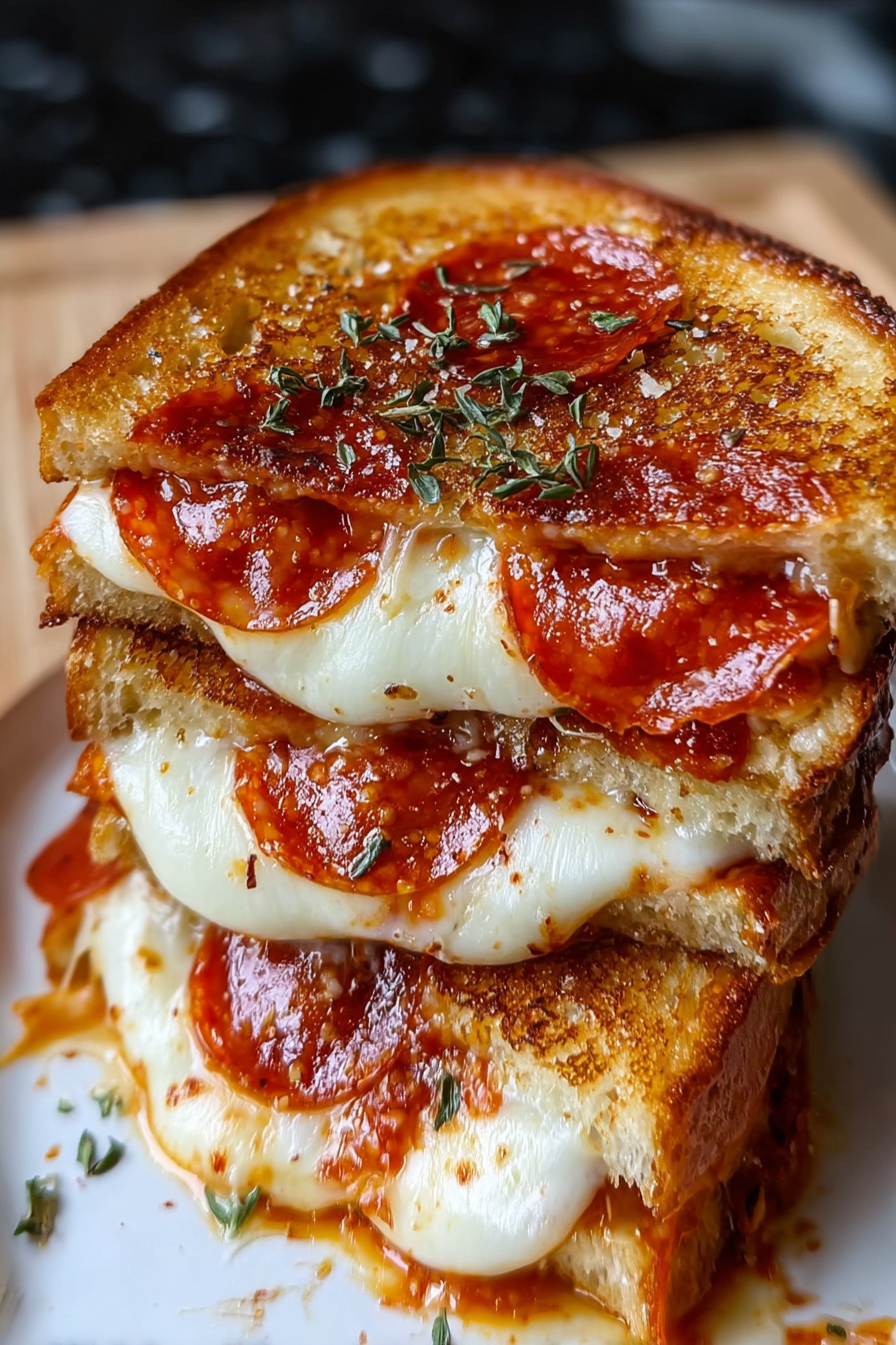 A stack of three cheese and pepperoni sandwiches.