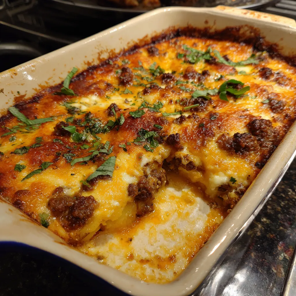 A casserole dish filled with meat and cheese.