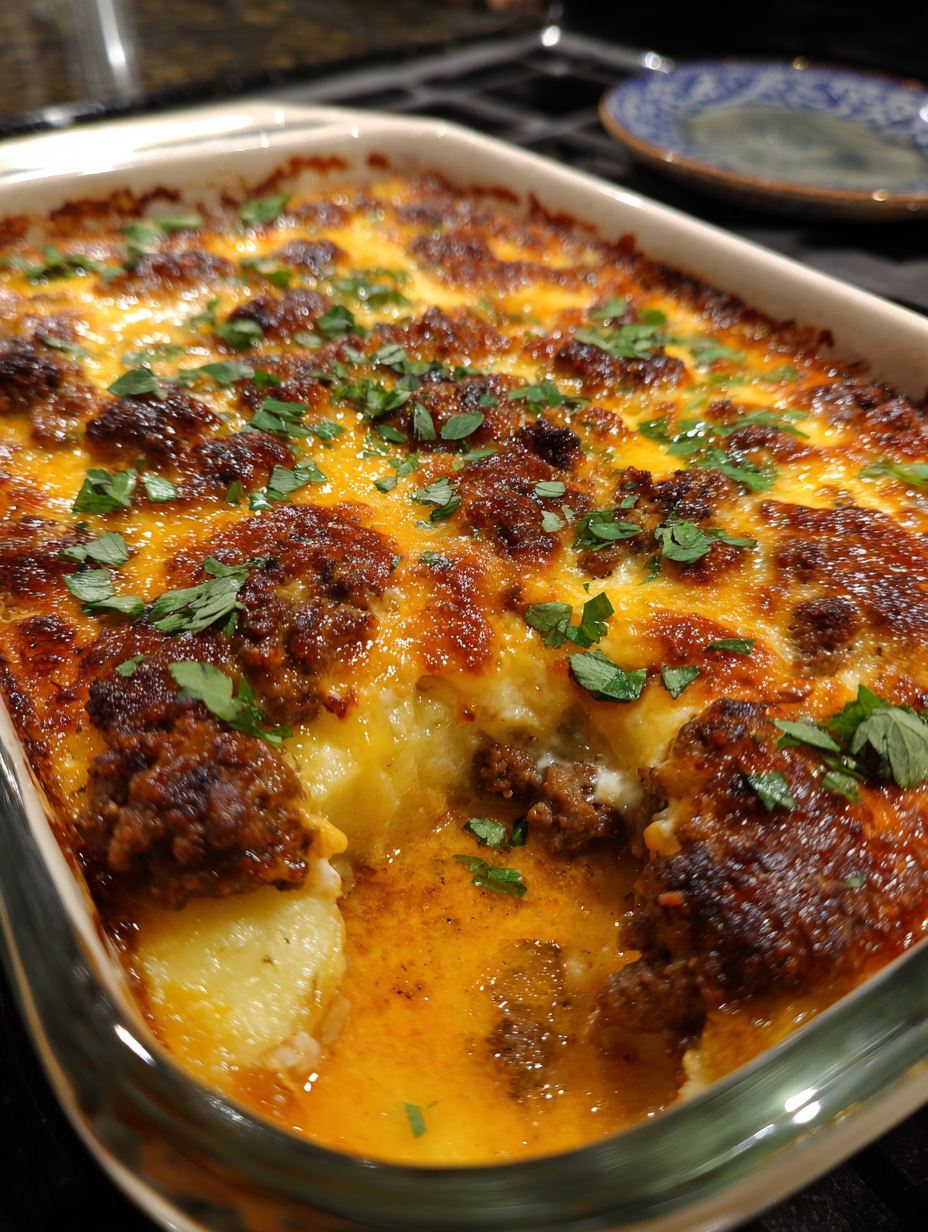 A casserole with meat and vegetables.