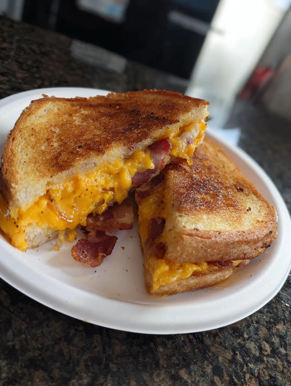 A half of a sandwich with cheese and bacon.