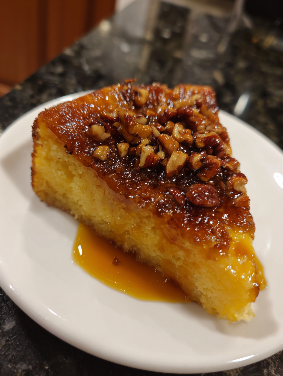 A slice of cake with nuts on top.