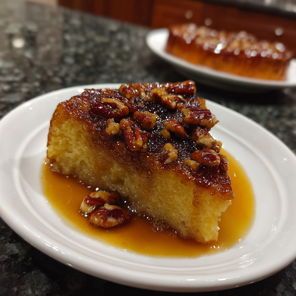 A slice of cake with pecans on a white plate.