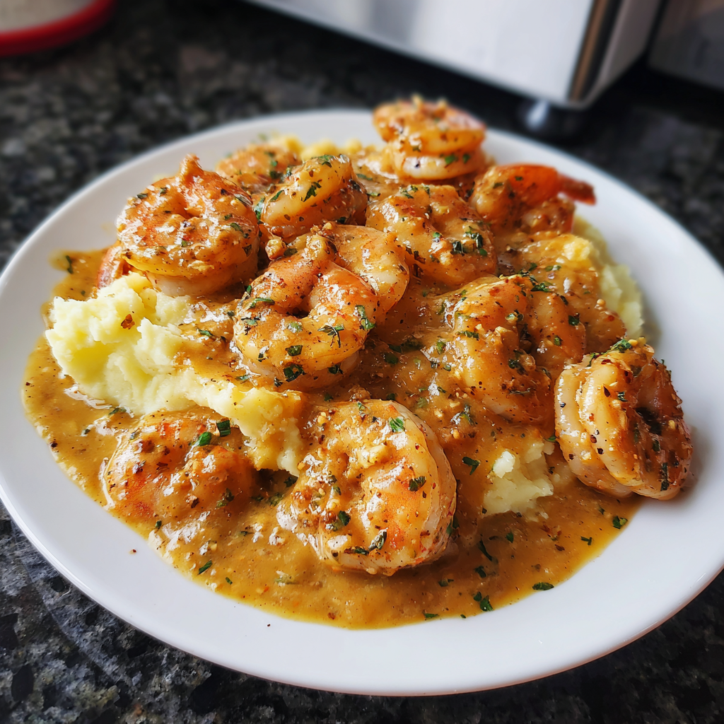A plate of shrimp and potatoes.