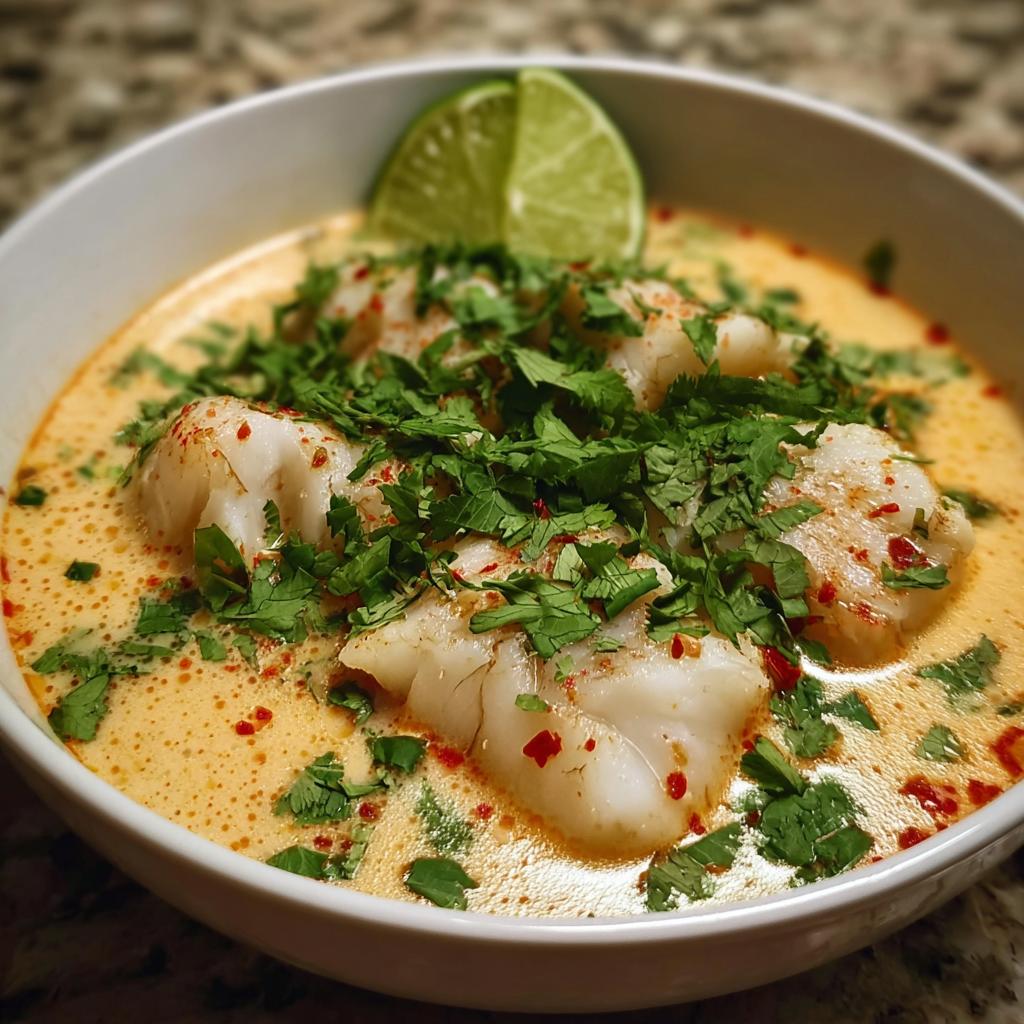 A bowl of soup with a lime wedge on top.