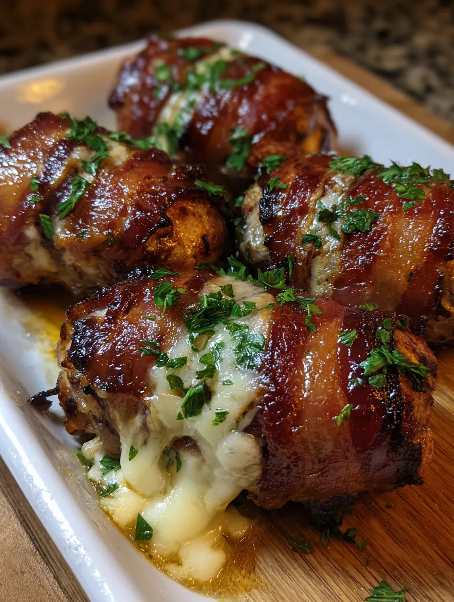 Bacon wrapped meat with cheese and herbs.