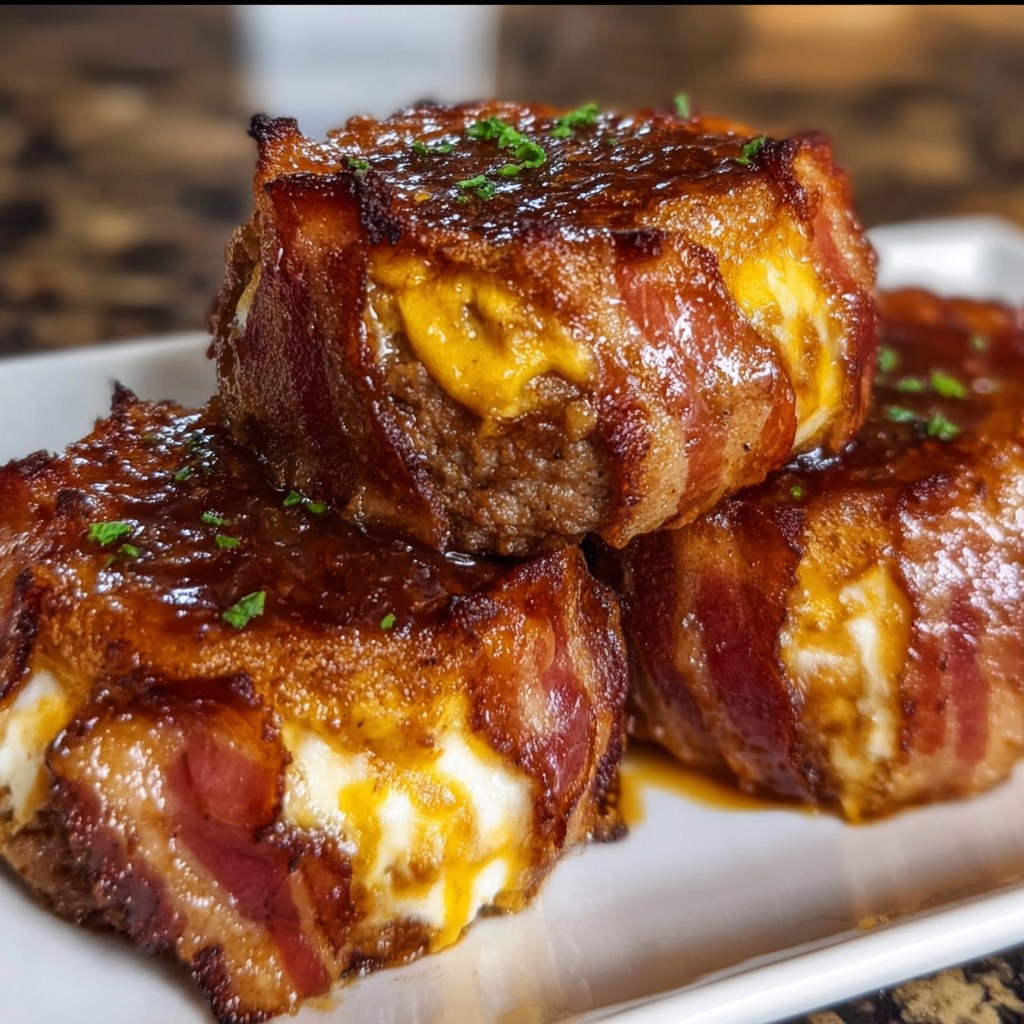 Bacon wrapped meat on a plate.