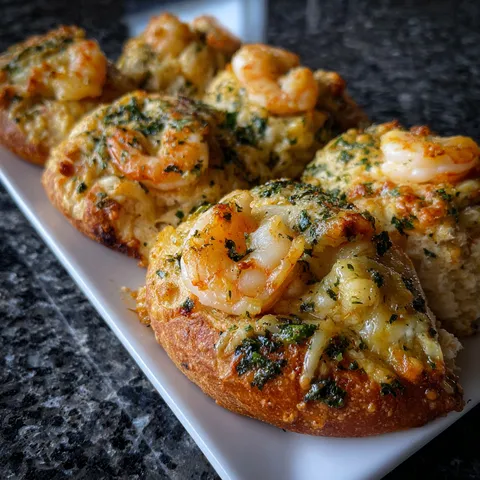 A plate of bread with shrimp on top.