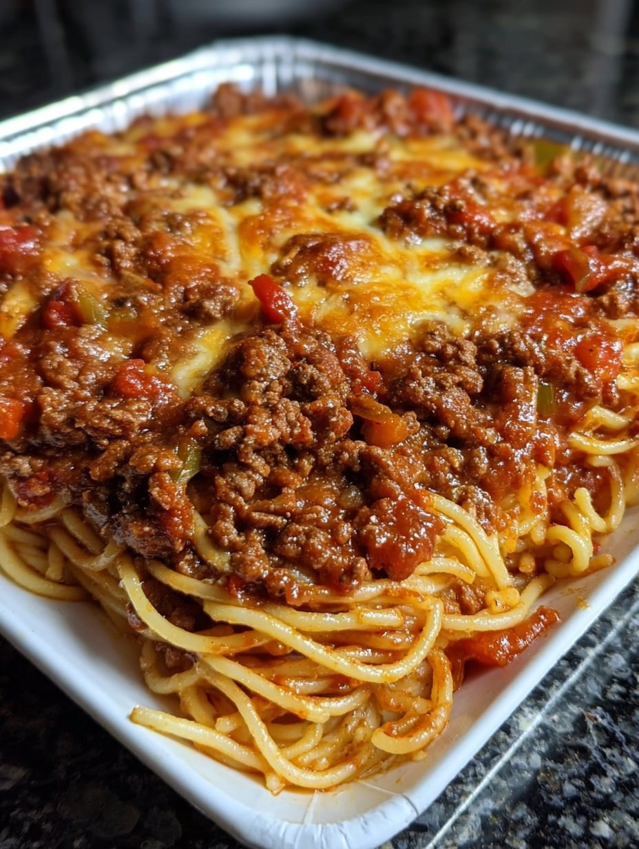 A white plate with a casserole of spaghetti and meat sauce.