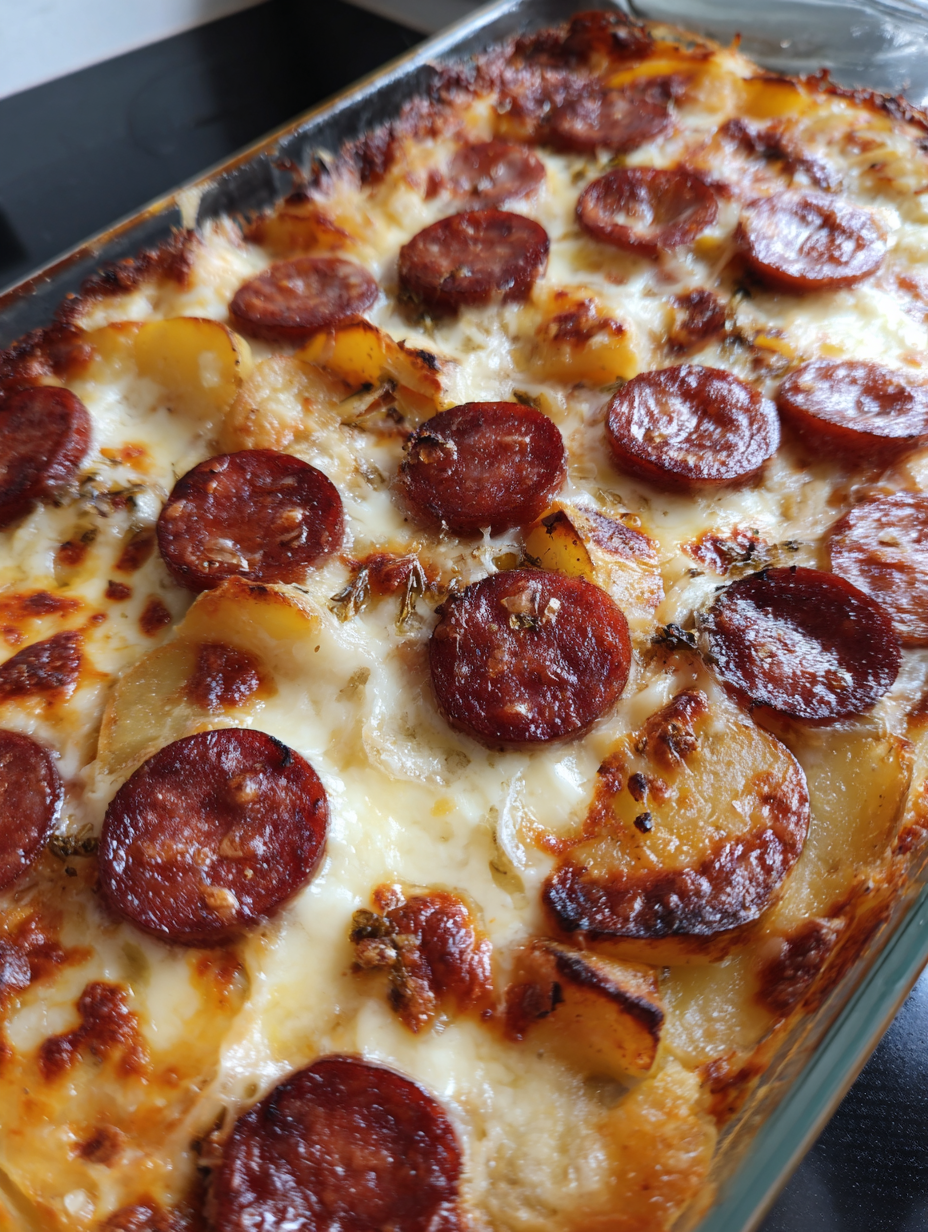 A pan of food with pepperoni and potatoes.