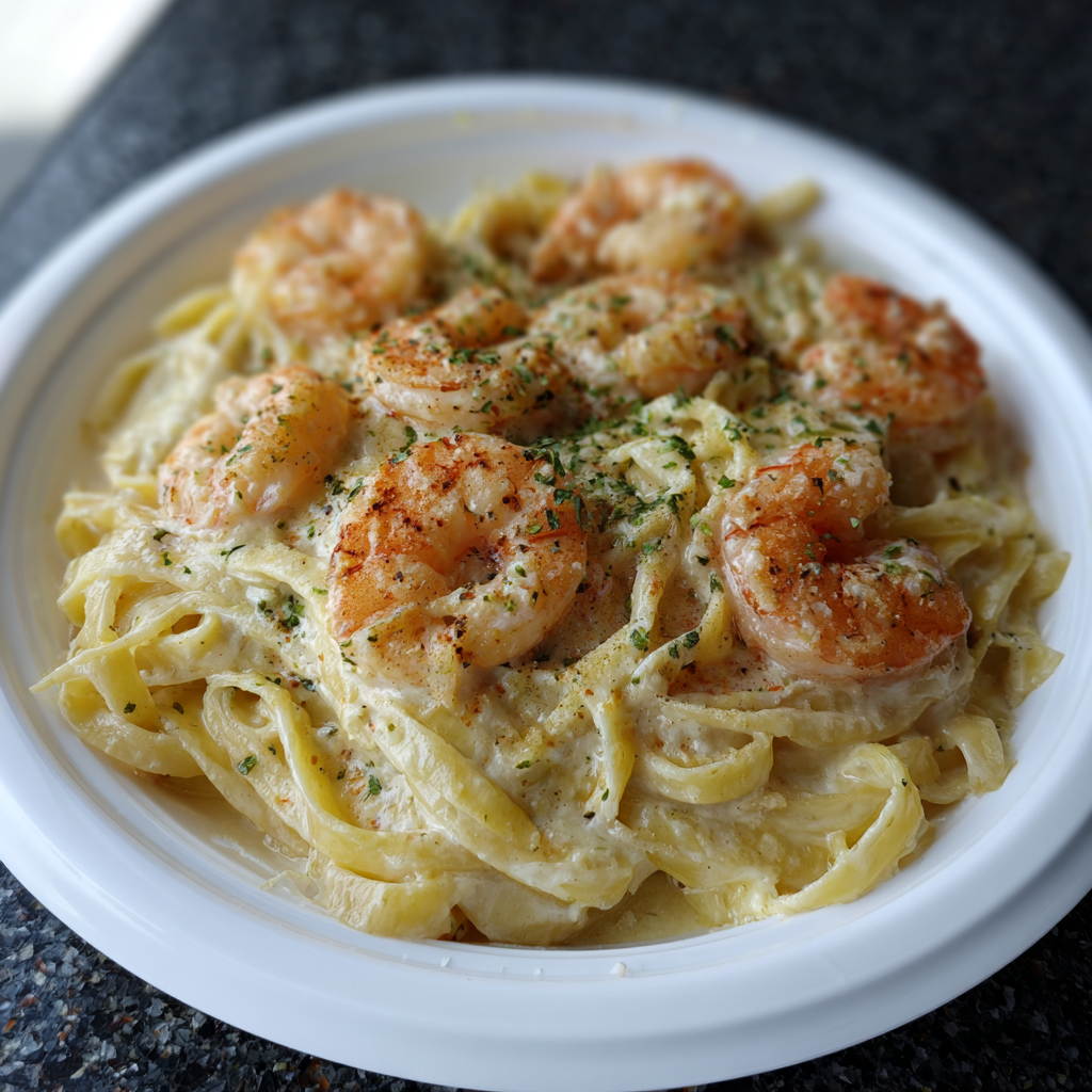 A plate of shrimp and pasta.