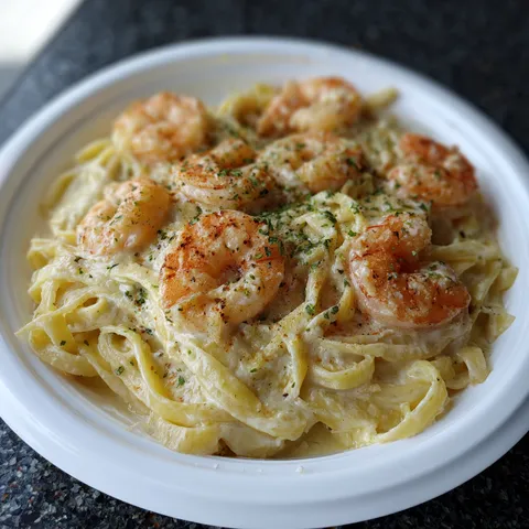 A plate of shrimp and pasta.