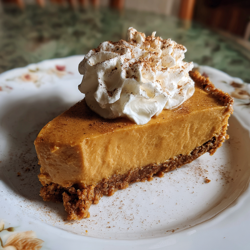 A slice of pumpkin pie with whipped cream on top.