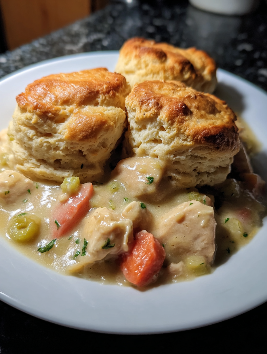 A plate of food with biscuits and gravy.